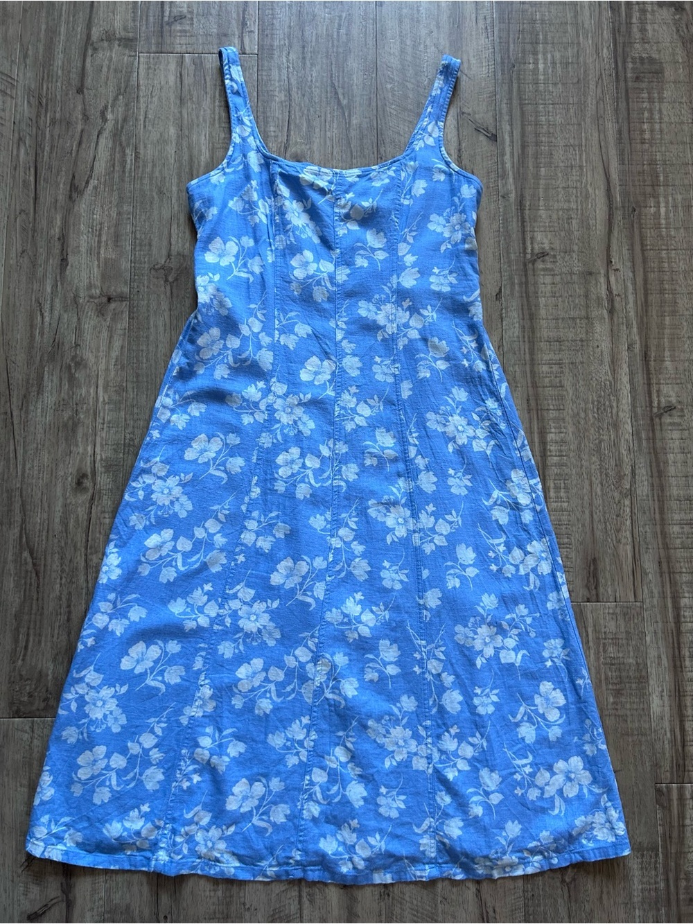 Linen blend Fit & Flare Sleeveless Midi Dress periwinkle blue floral